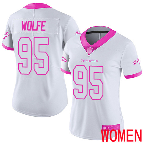Women Denver Broncos #95 Derek Wolfe Limited White Pink Rush Fashion Football NFL Jersey
